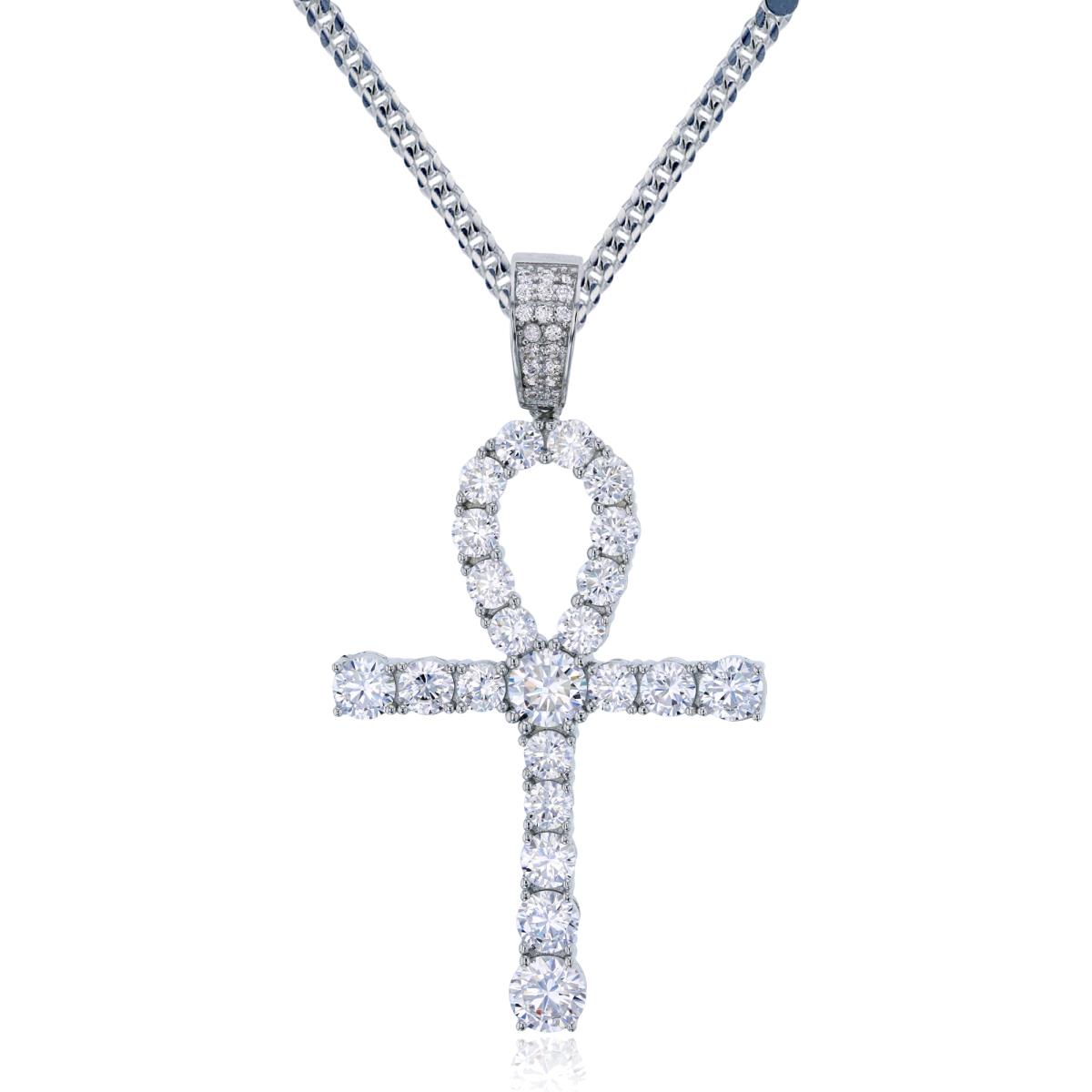 Sterling Silver Rhodium 53x29mm Pave Ankh 22" Solid Cuban Chain Necklace