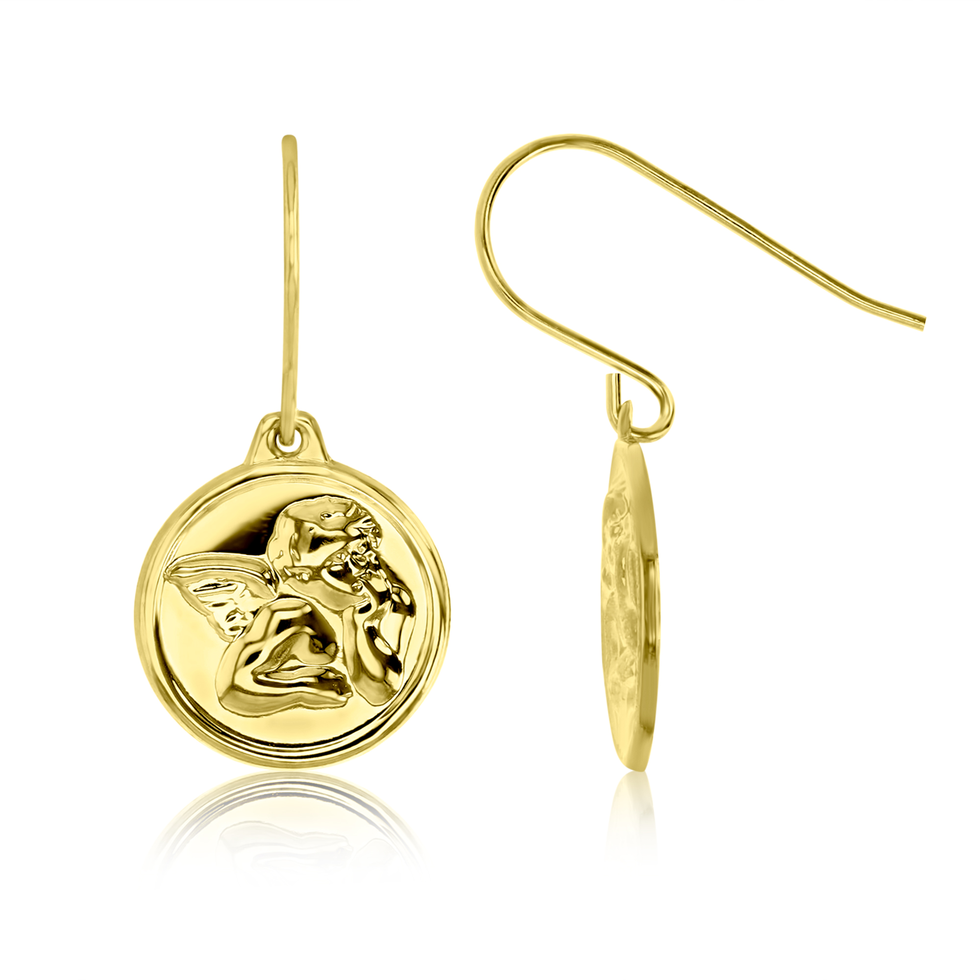 14K Yellow Gold High Polished Angel Round Plate Dangling Fish-Hook Earring