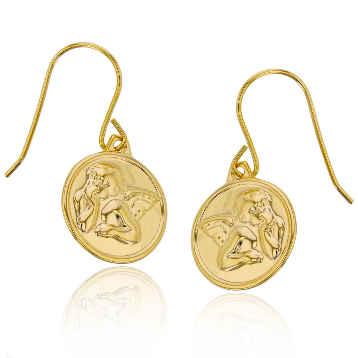 10K Yellow Gold High Polished Angel Round Plate Dangling Fish-Hook Earring