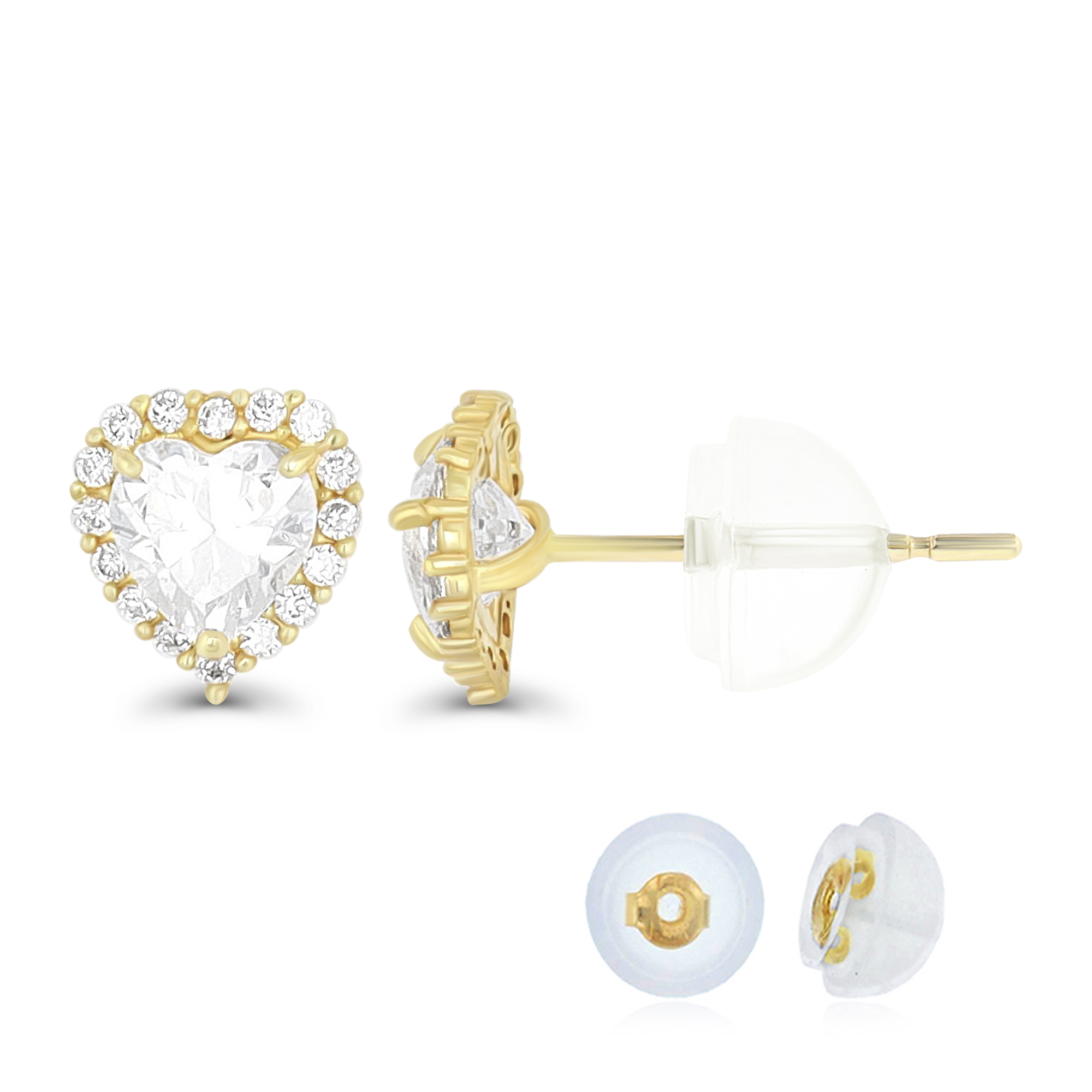 14K Yellow Gold Pave 5X5mm Heart White Swarovski Zirconia Halo Stud Earring with Bubble Silicone Back