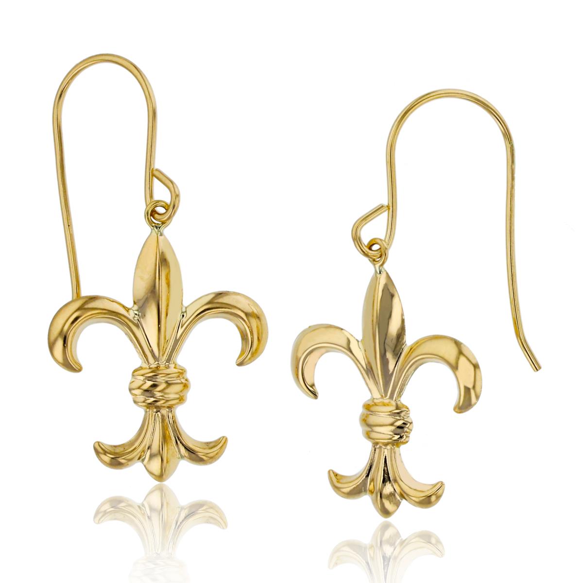 10K Yellow Gold High Polished Fleur De Lis Dangling Fish-Hook Earring