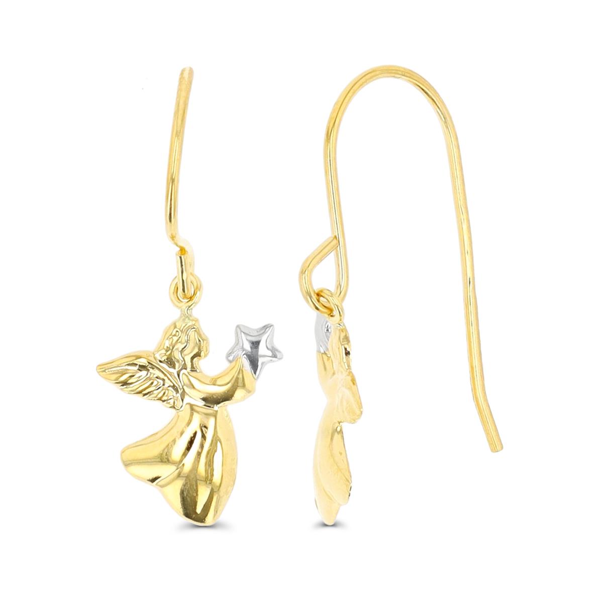 14K Two-Tone Gold High Polished Angel Holding Star Dangling Fish-Hook Earring