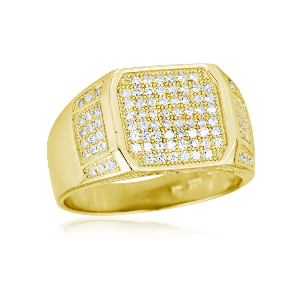 Sterling Silver Yellow Men's Octagon Pave Detail Ring