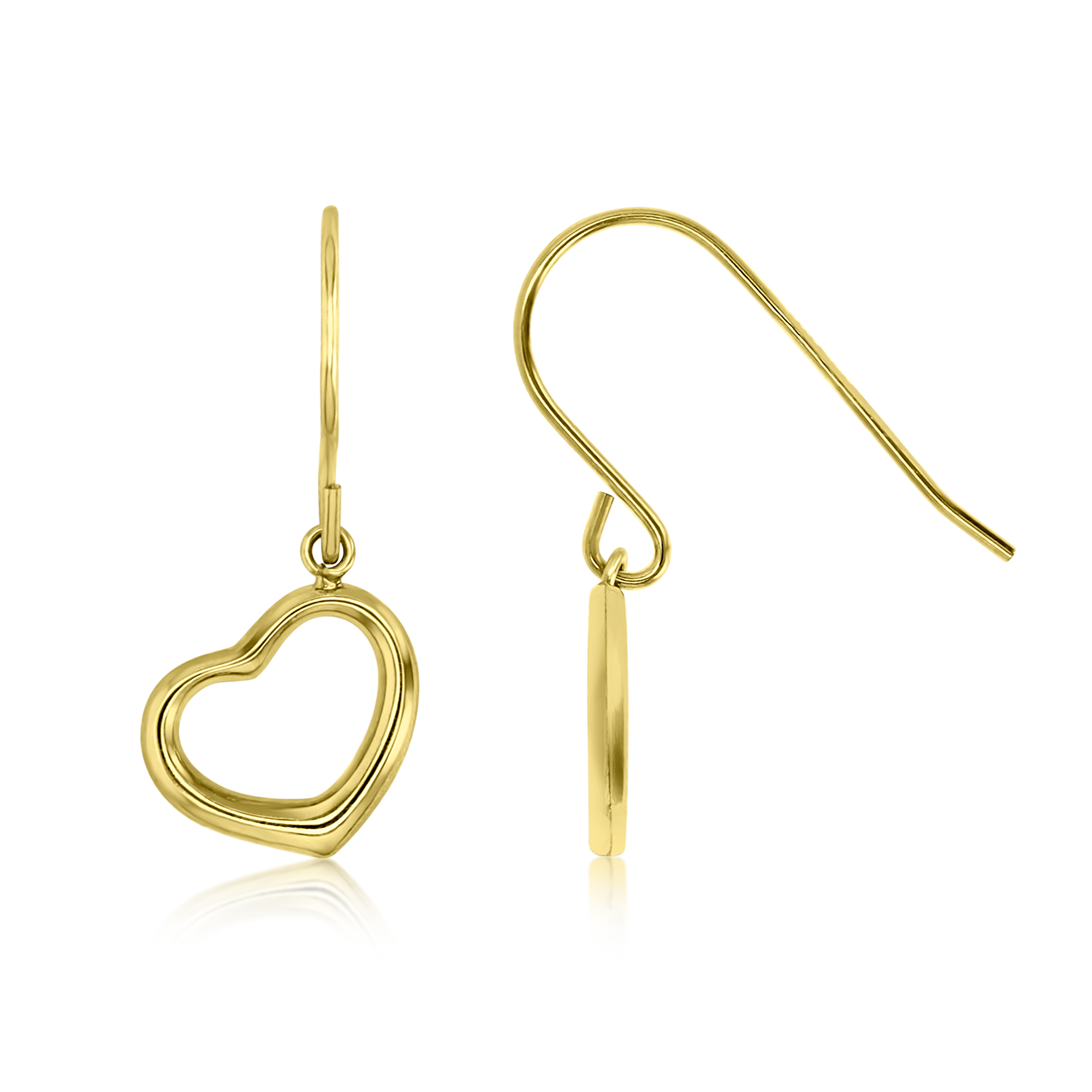 14K Yellow Gold High Polished Open Heart Dangling Fish-Hook Earring