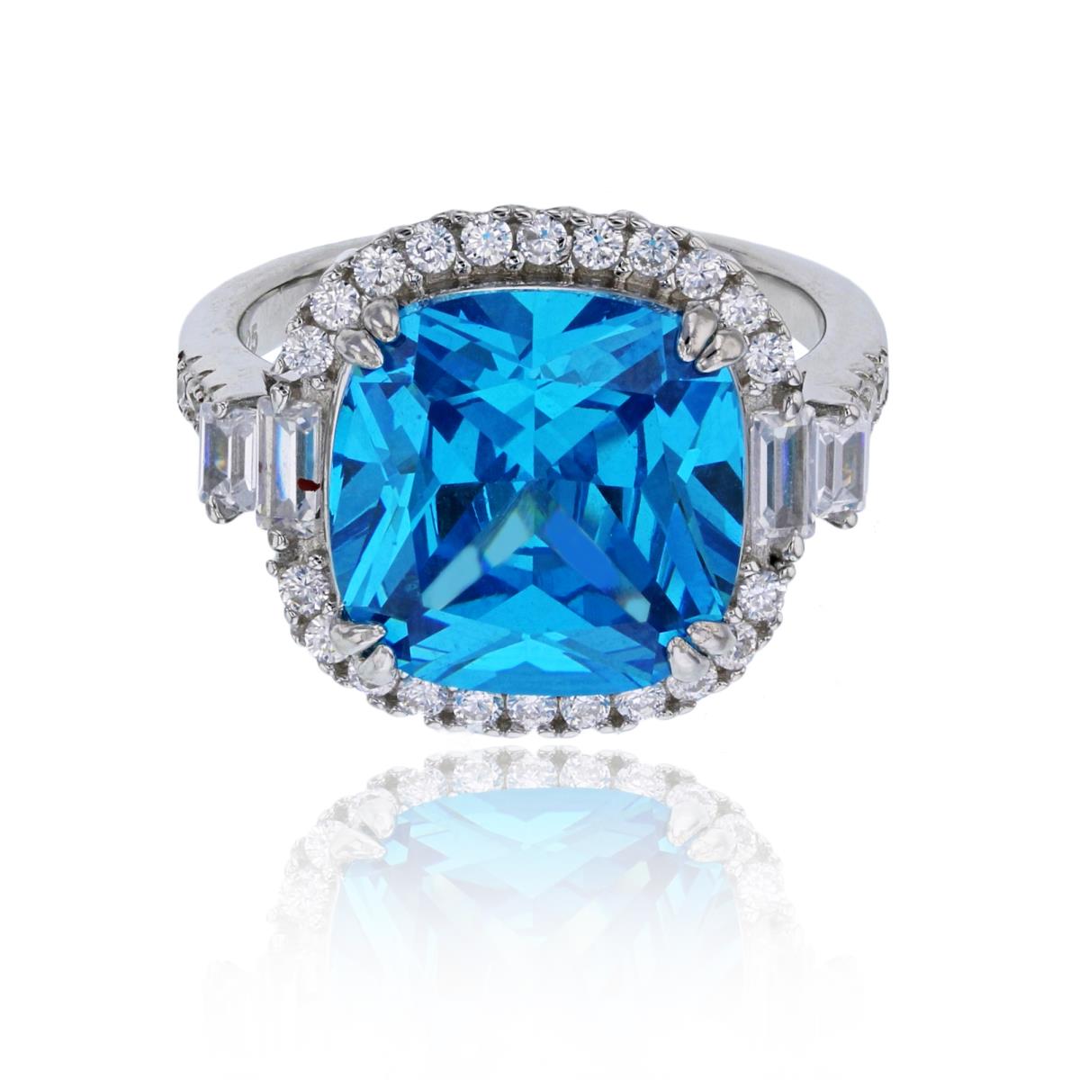 Sterling Silver Rhodium 12mm Swiss Blue Cushion Cut & White Glass Halo Fashion Ring