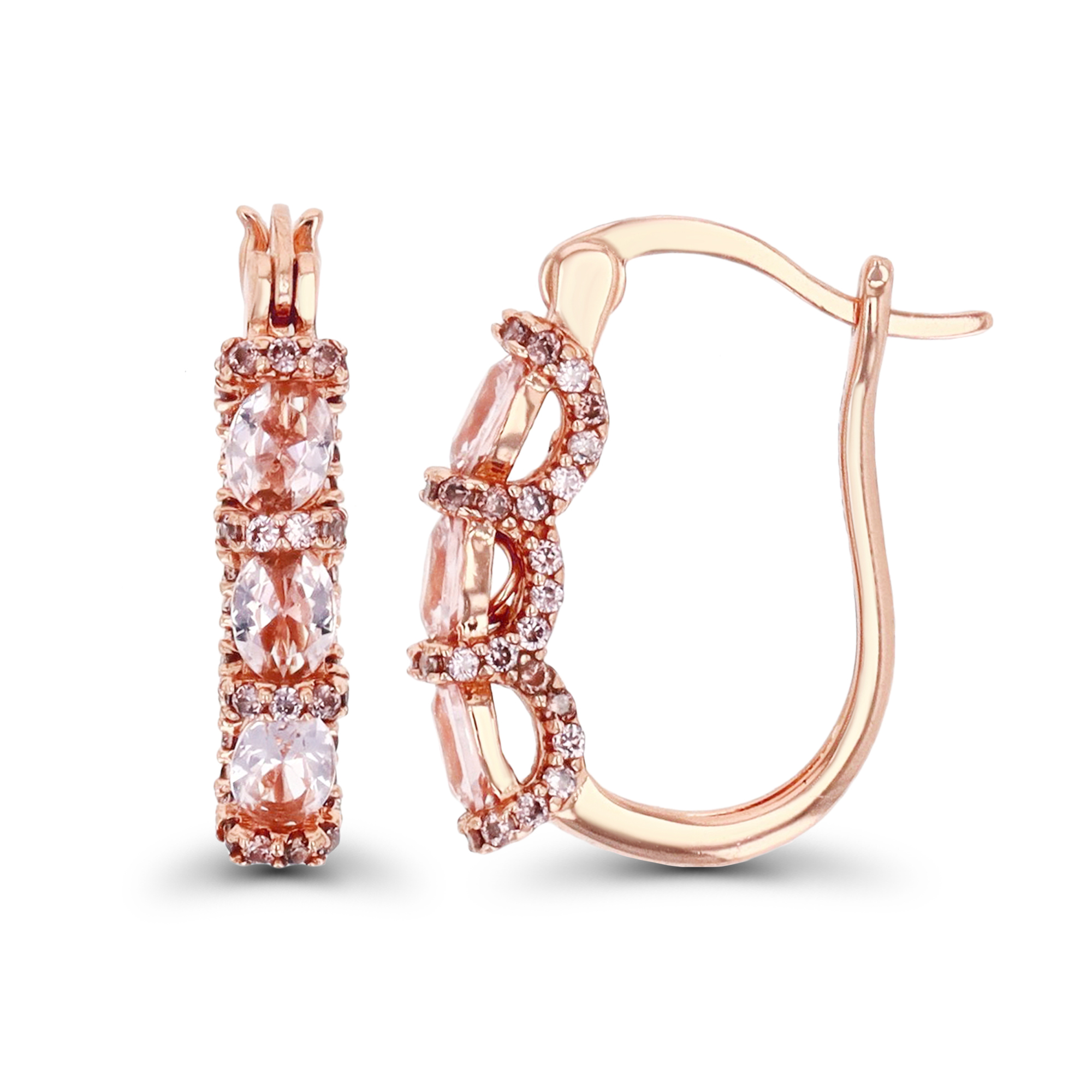 Sterling Silver Rose One-Row Morganite Nano Oval Cut & Brown Glass Waves 15x4mm Huggie Earring