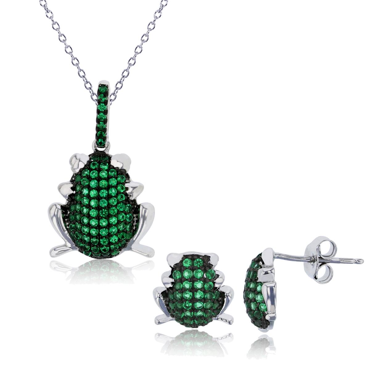 Sterling Silver Black & Rhodium Green Glass Frog 13+2" Necklace & Earrings Set