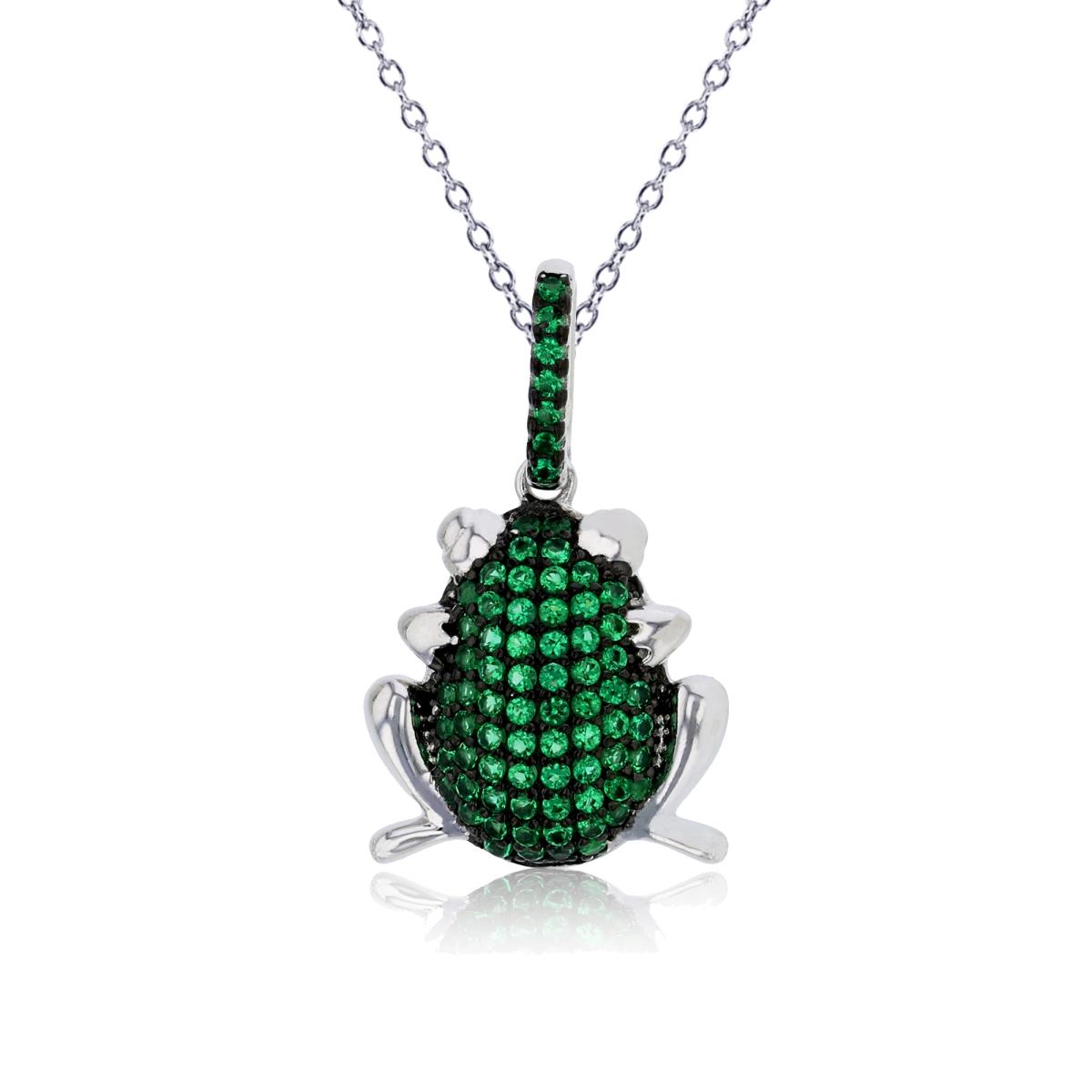 Sterling Silver Black & Rhodium Green Glass Frog 13+2" Necklace 