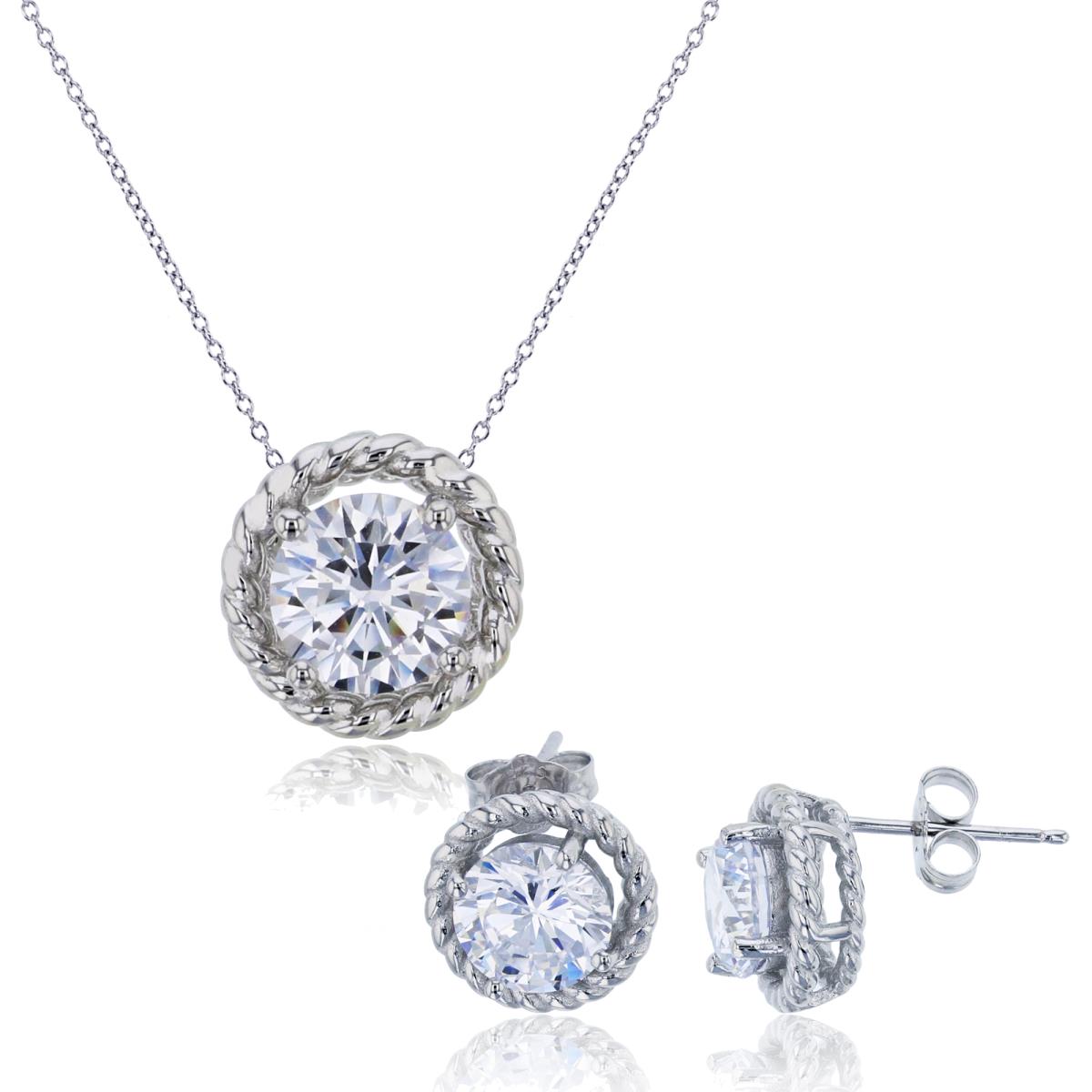 Sterling Silver Rhodium 6mm Round Cut CZ with Polished Rope Halo 18" Necklace & Earring Set