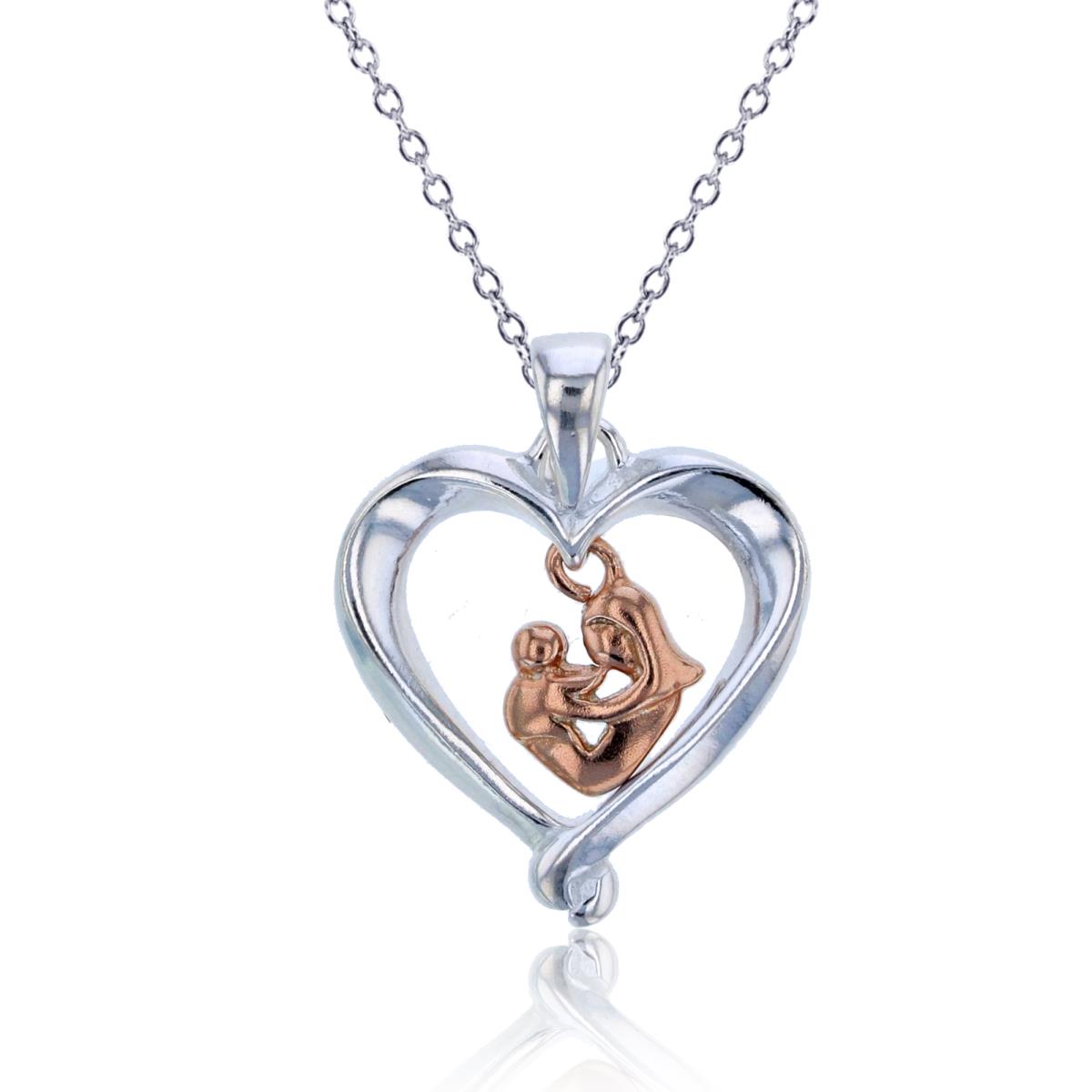 Sterling Silver Rose & Rhodium Open Heart with Dangling Mom Holding Baby 18" Necklace