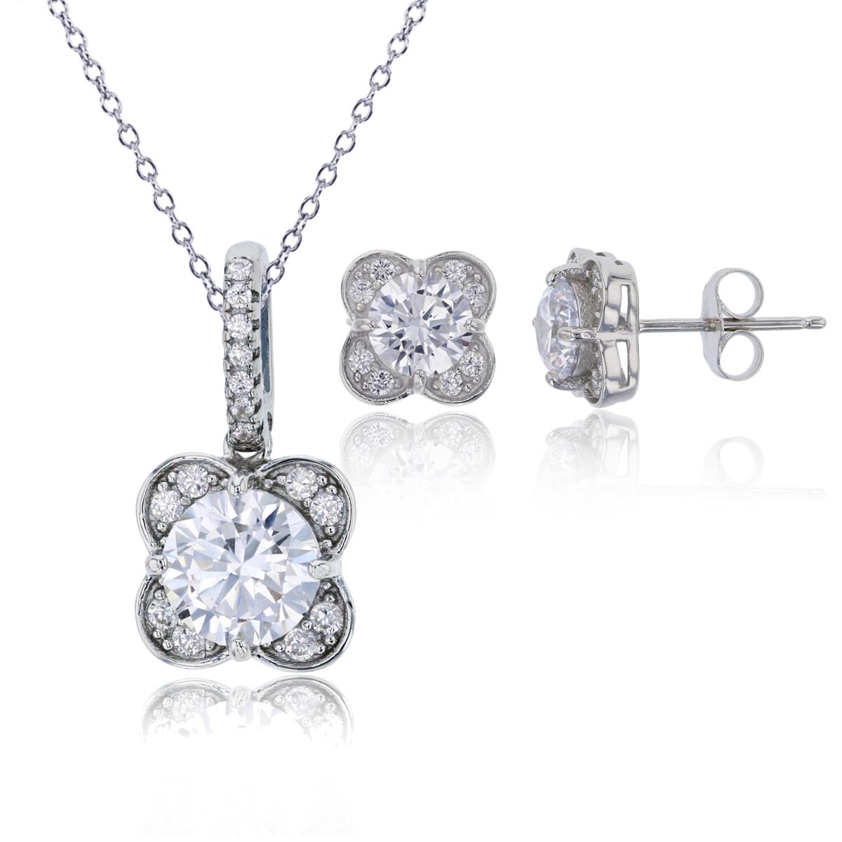 Sterling Silver Rhodium 7mm Round Cut CZ Clover 18" Necklace & Earring Set
