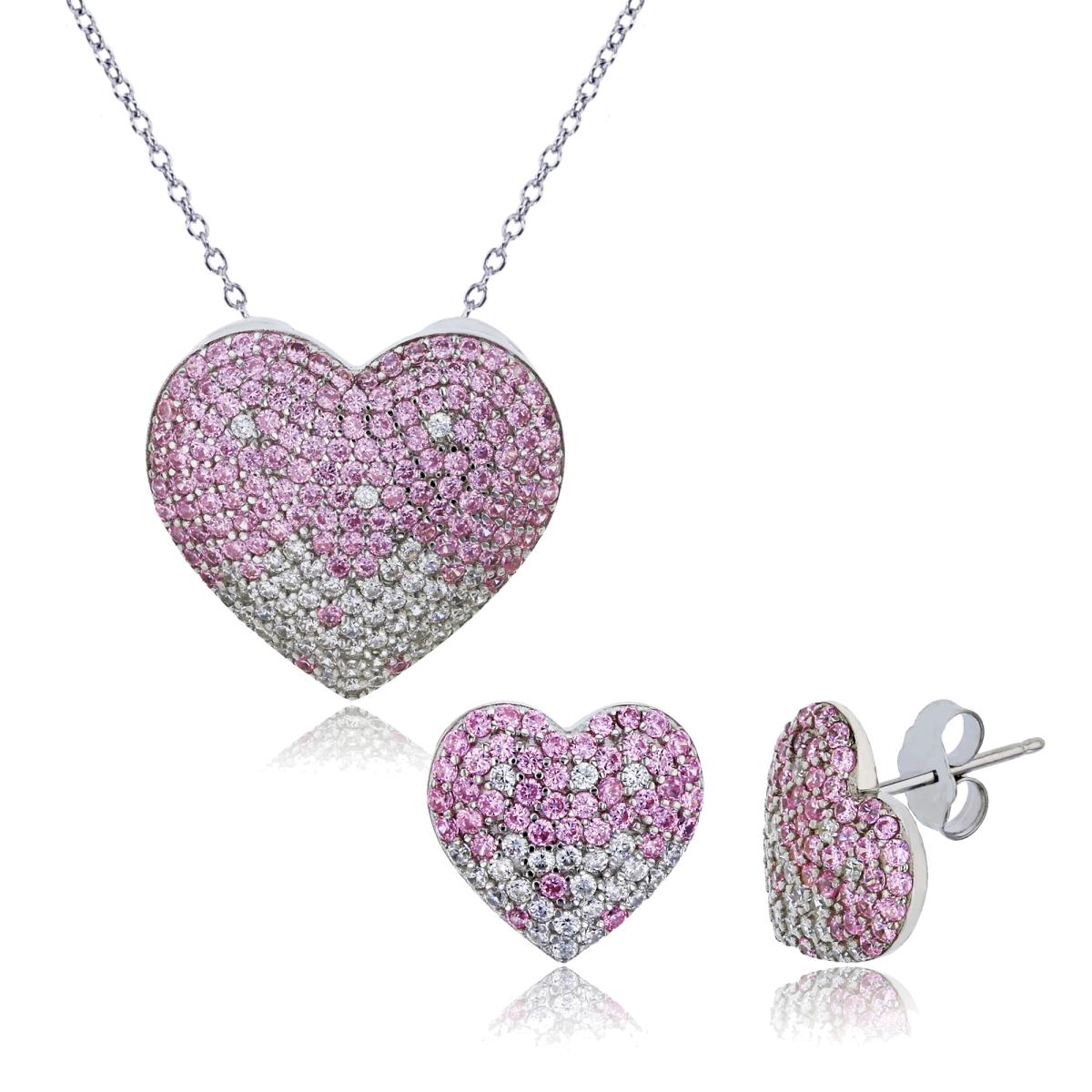 Sterling Silver Rhodium Micropave Pink & White CZ Ombre Heart 18" Necklace & Earring Set