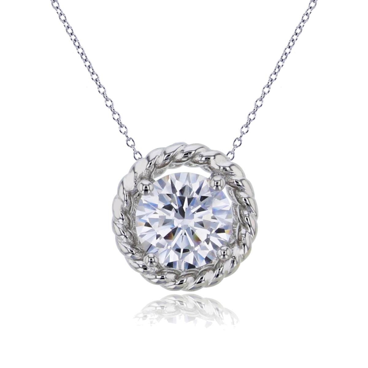 Sterling Silver Rhodium 6mm Round Cut CZ with Polished Rope Halo 18" Necklace