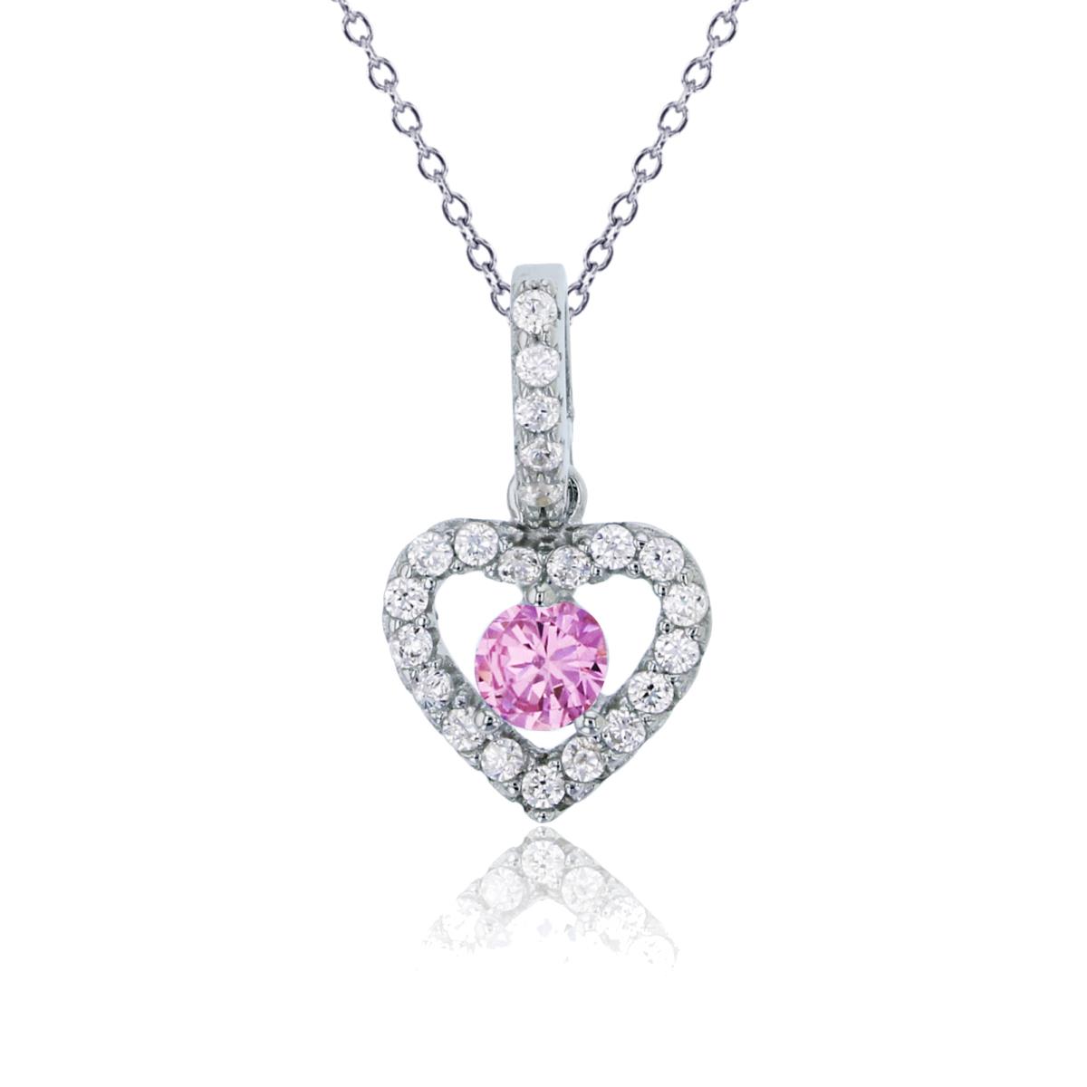 Sterling Silver Rhodium 3.50mm Pink Rd Cut Center Heart 13+2" Necklace 