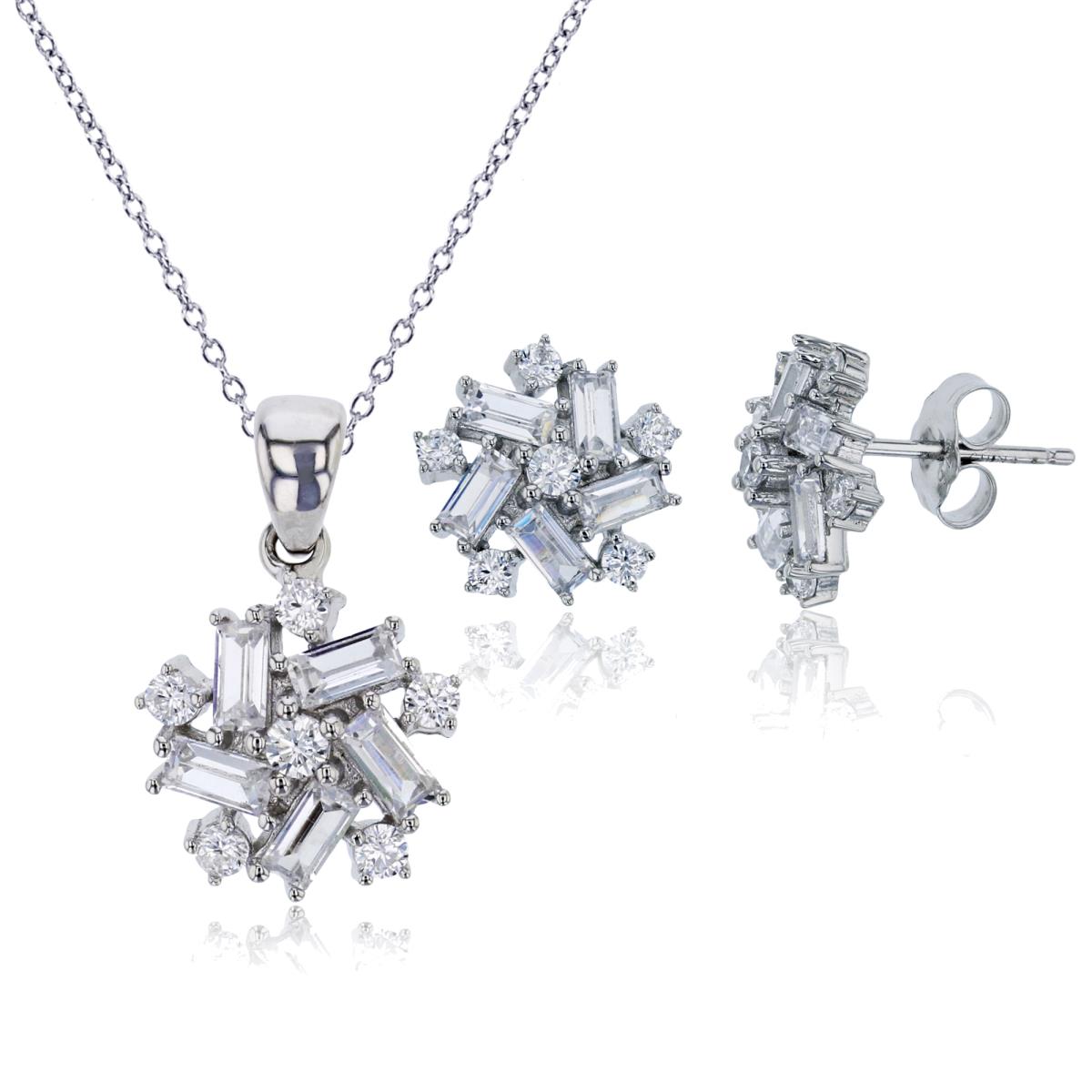 Sterling Silver Rhodium Rd Cut & Baguette CZ Circle 18" Necklace & Earring Set