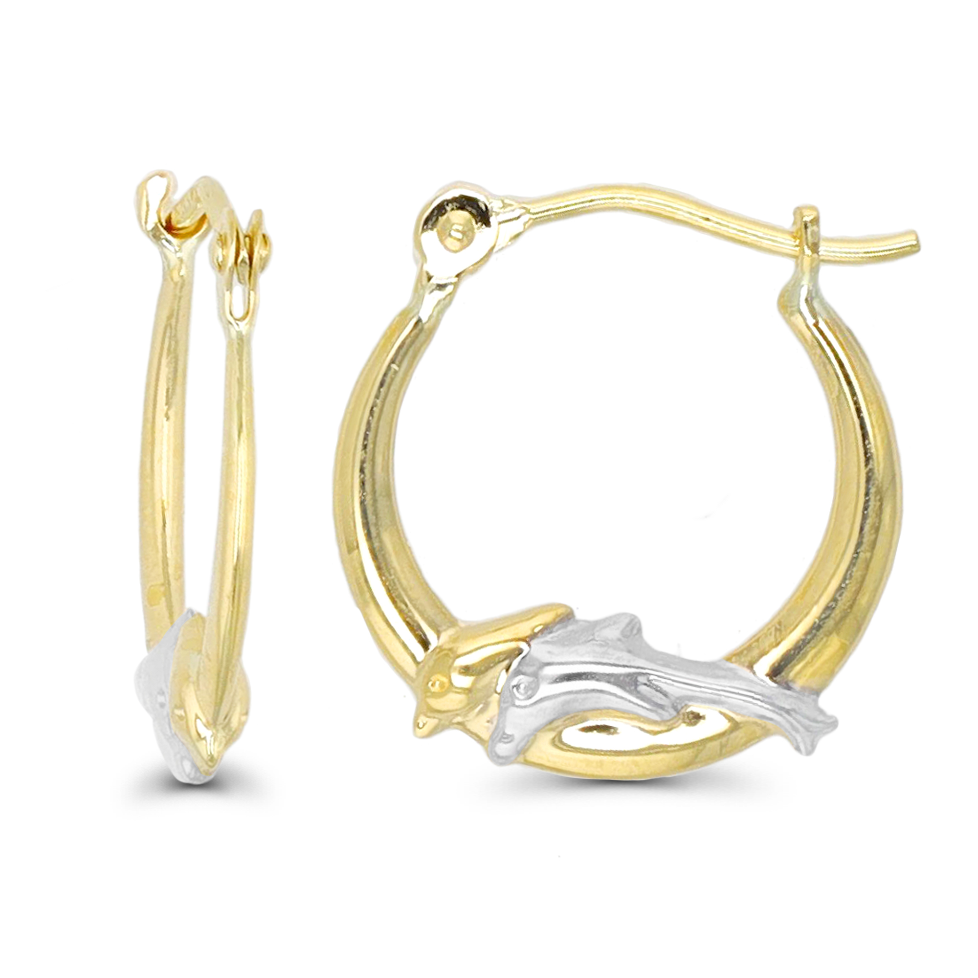 14K Two-Tone Gold 15x3mm Polished Double Dolphins Hoop Earring