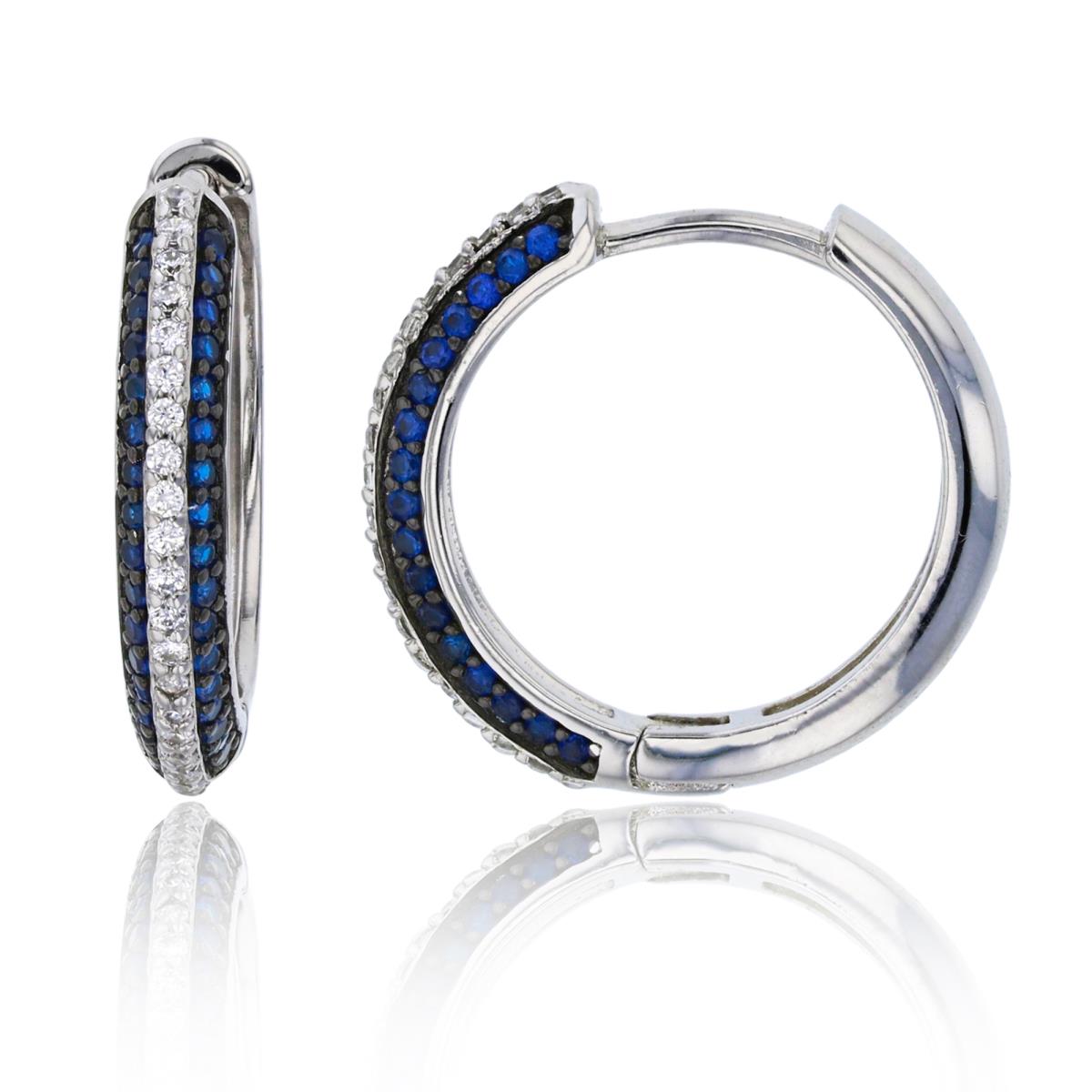 Sterling Silver Black & Rhodium 19x3mm 3-Row Blue & White Glass Hoop Earring