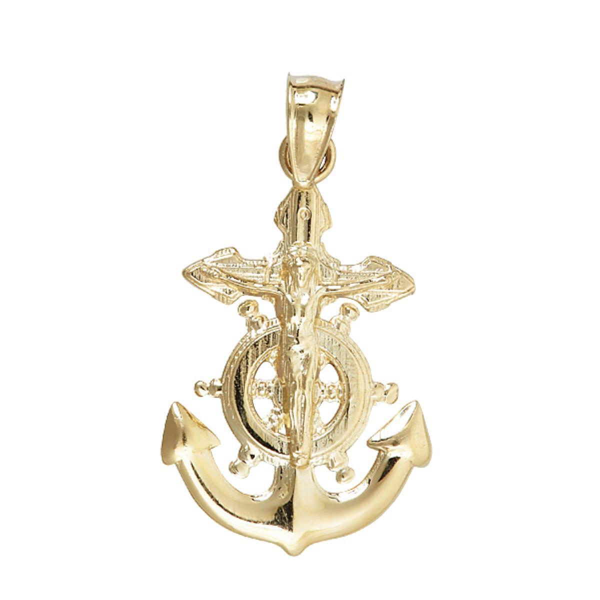 10K Yellow Gold Religious Nautical Cross Wheel & Anchor Dangling Pendant
