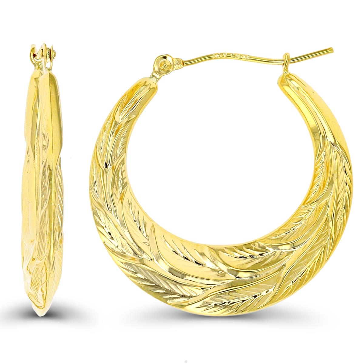 14K Yellow Gold 26x3mm Leaf Design Textured Hoop Earring