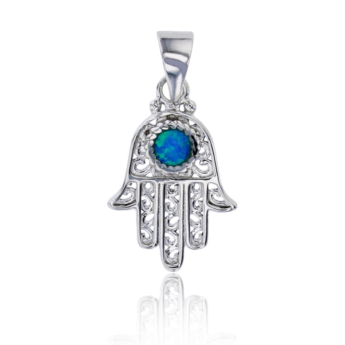 Sterling Silver Rhodium Created Blue Opal Fligree Hamsa Pendant