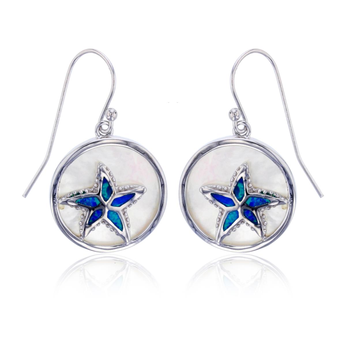 Sterling Silver Rhodium Round MOP Plate with Created Blue Opal Starfish Dangling Fish-Hook Earring
