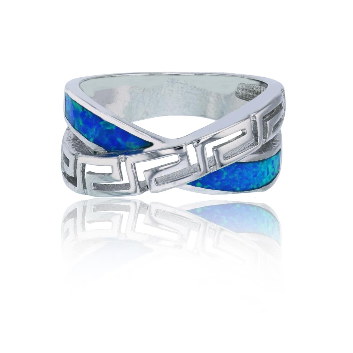 Sterling Silver Rhodium Created Blue Opal & Polished Greek Key Crossing Strands Fashion Ring