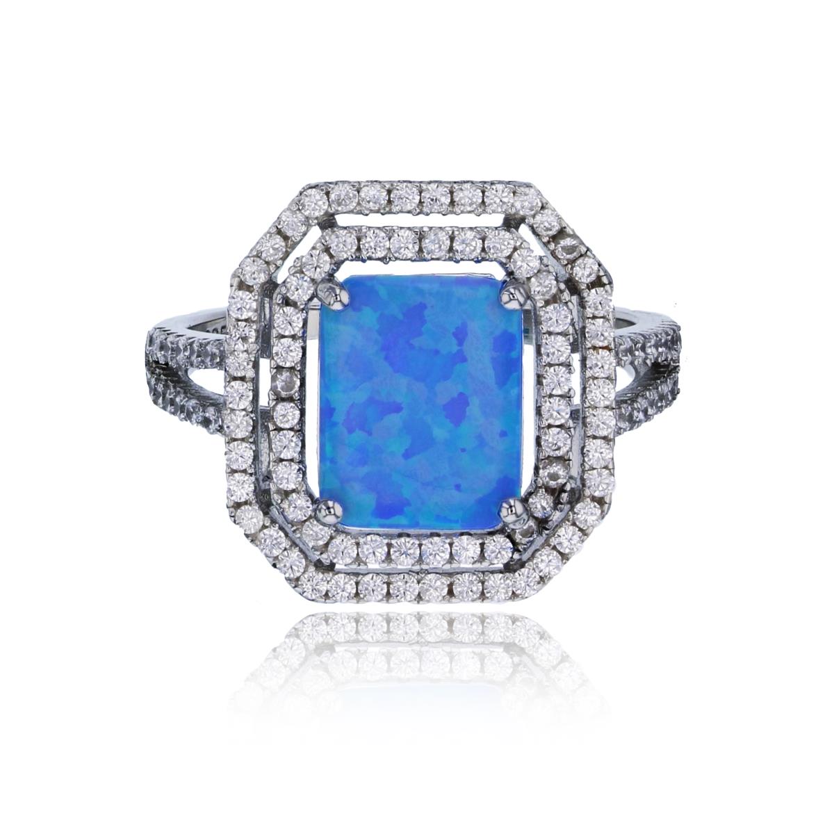 Sterling Silver Rhodium Emerald Shaped Created Blue Opal with White CZ Double Halo Fashion Ring