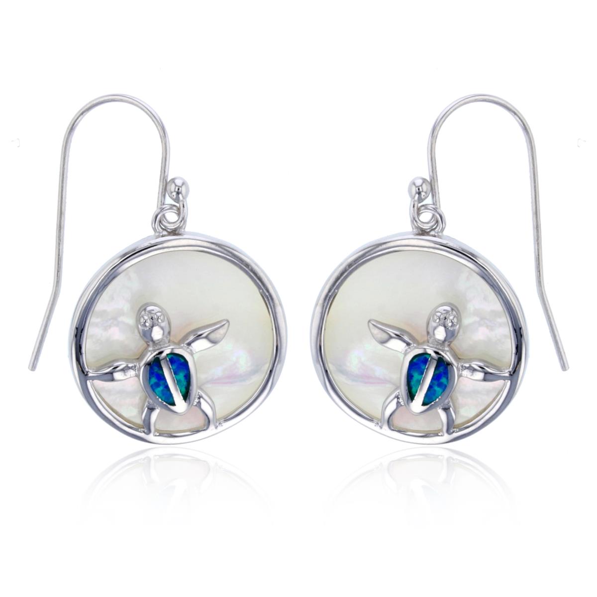 Sterling Silver Rhodium Round MOP with Created Blue Opal Turtle Dangling Fish-Hook Earring