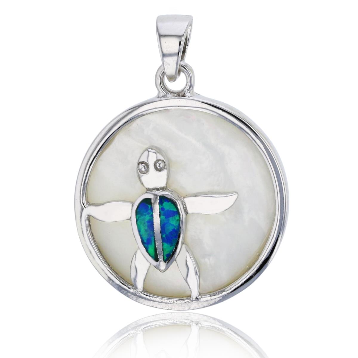 Sterling Silver Rhodium Round MOP Plate with Created Blue Opal Turtle Dangling Pendant