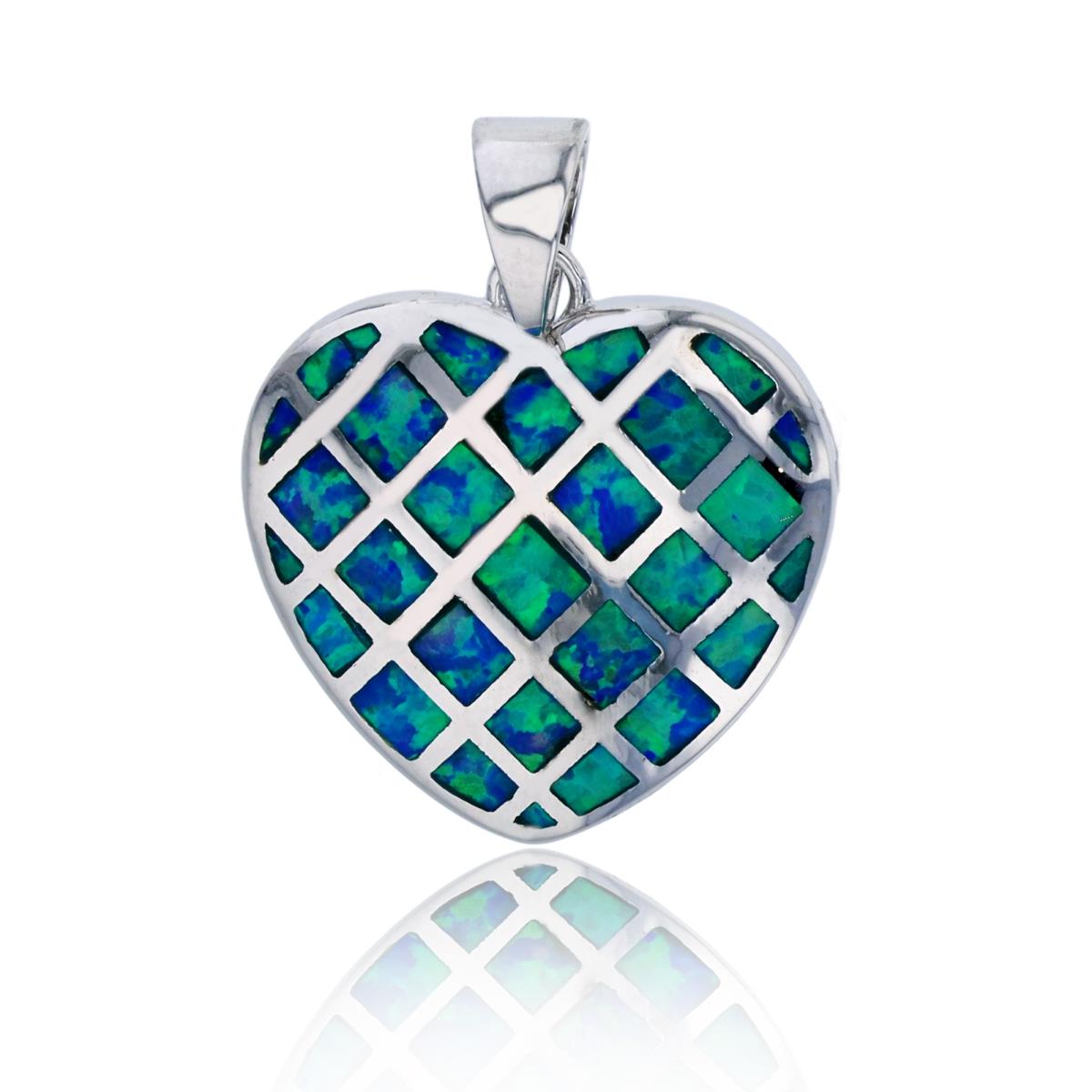 Sterling Silver Rhodium 25x19mm Created Blue Opal Basketweave Heart Pendant