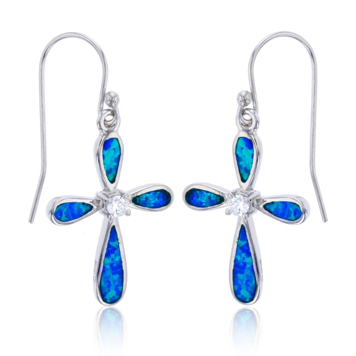 Sterling Silver Rhodium Created Blue Opal with Center CZ Pinched Cross Dangling Fish-Hook Earring