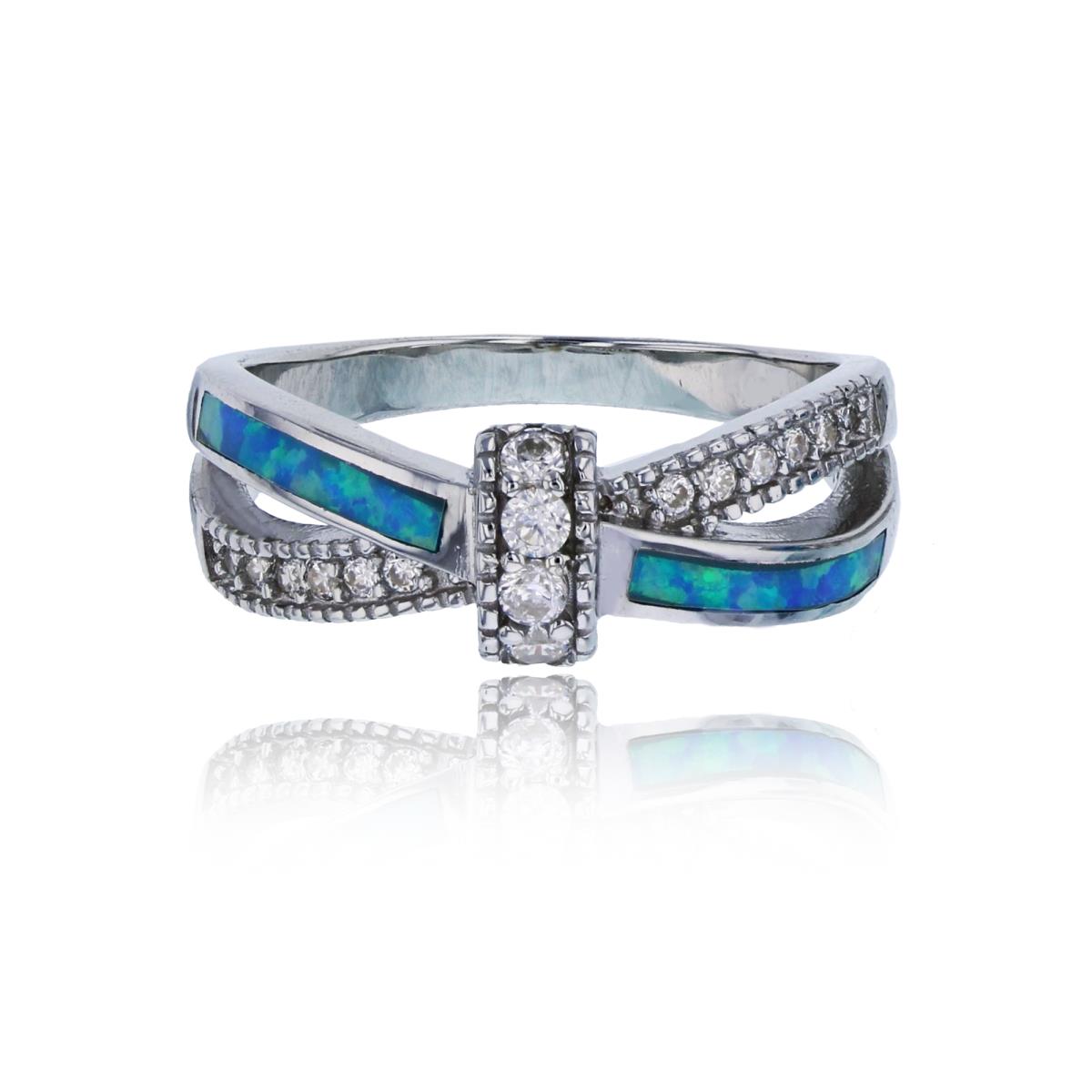 Sterling Silver Rhodium Created Blue Opal & White CZ 2-Strand Bow Fashion Ring