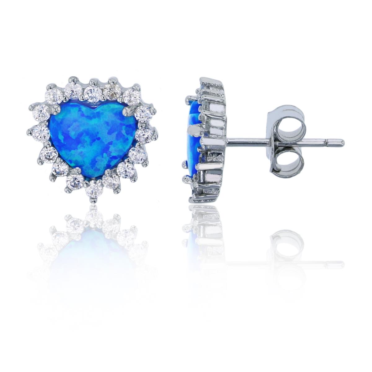 Sterling Silver Rhodium Created Blue Opal Heart with White CZ Halo Stud Earring