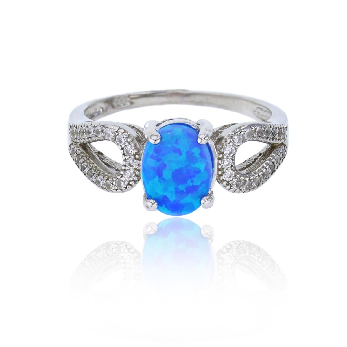 Sterling Silver Rhodium Oval Cut Created Blue Opal & White CZ Split Shank Fashion Ring