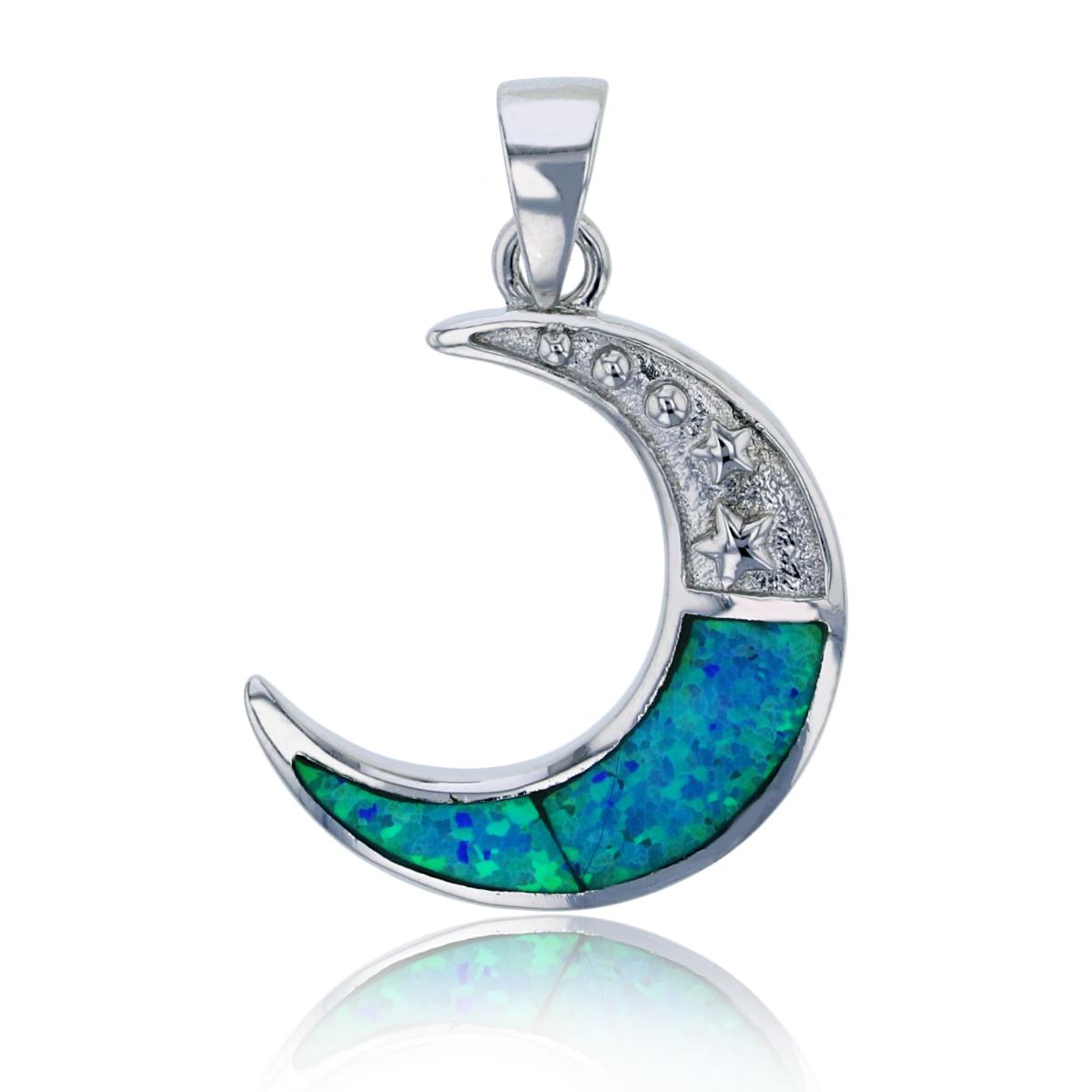 Sterling Silver Rhodium Created Blue Opal Crescent Moon Pendant