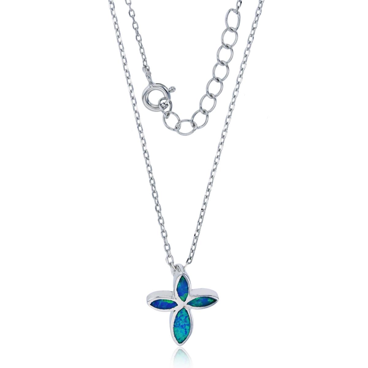 Sterling Silver Rhodium 11x10mm Created Blue Opal Petite Pinched Cross 15"+2" Necklace