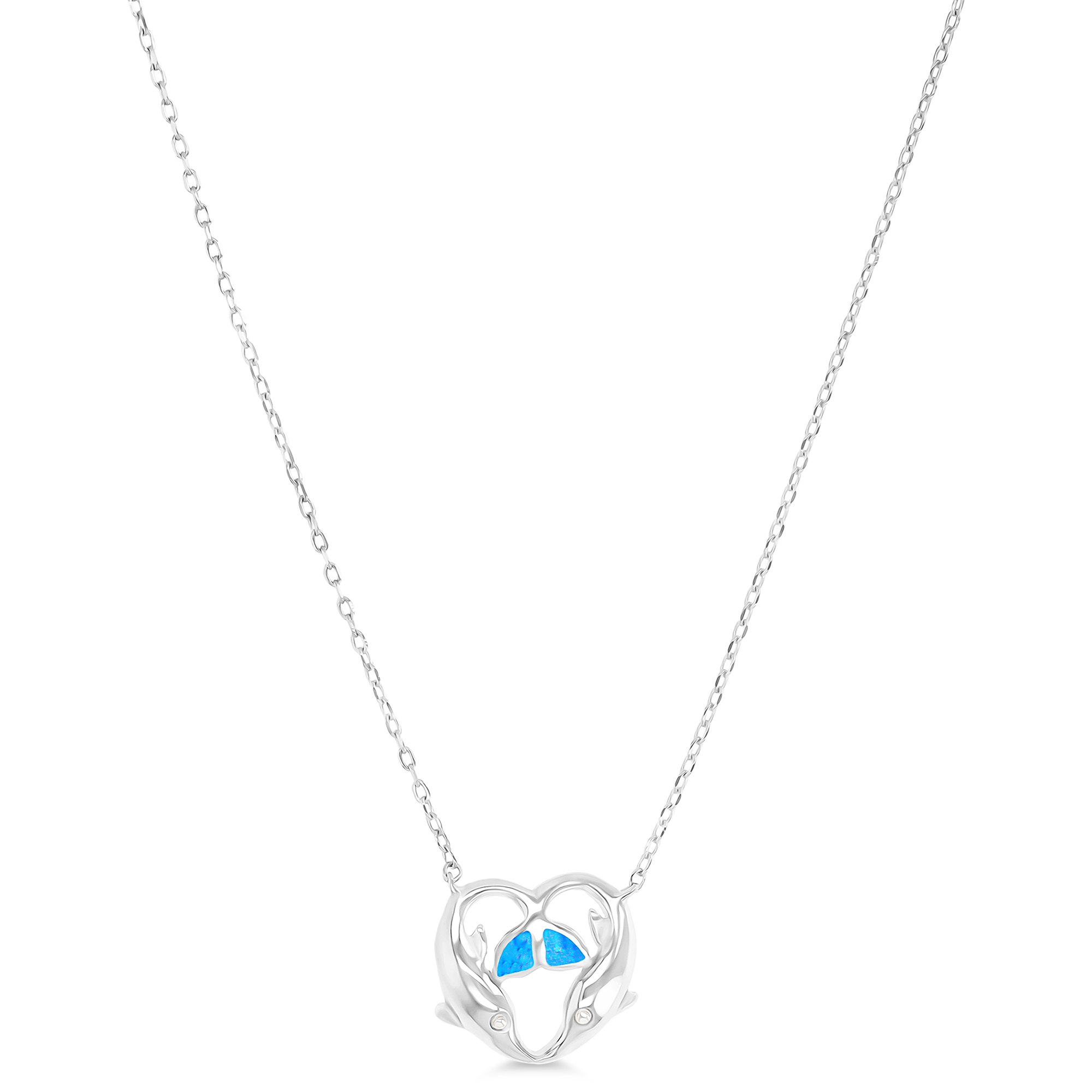 Sterling Silver Rhodium Created Blue Opal Dolphin Heart 17"+1" Extender Necklace