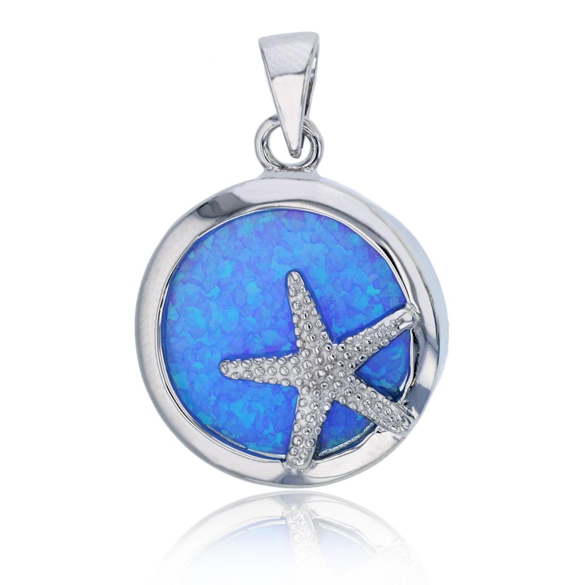 Sterling Silver Rhodium Round Created Blue Opal Bezel with Milgrain Starfish Dangling Pendant