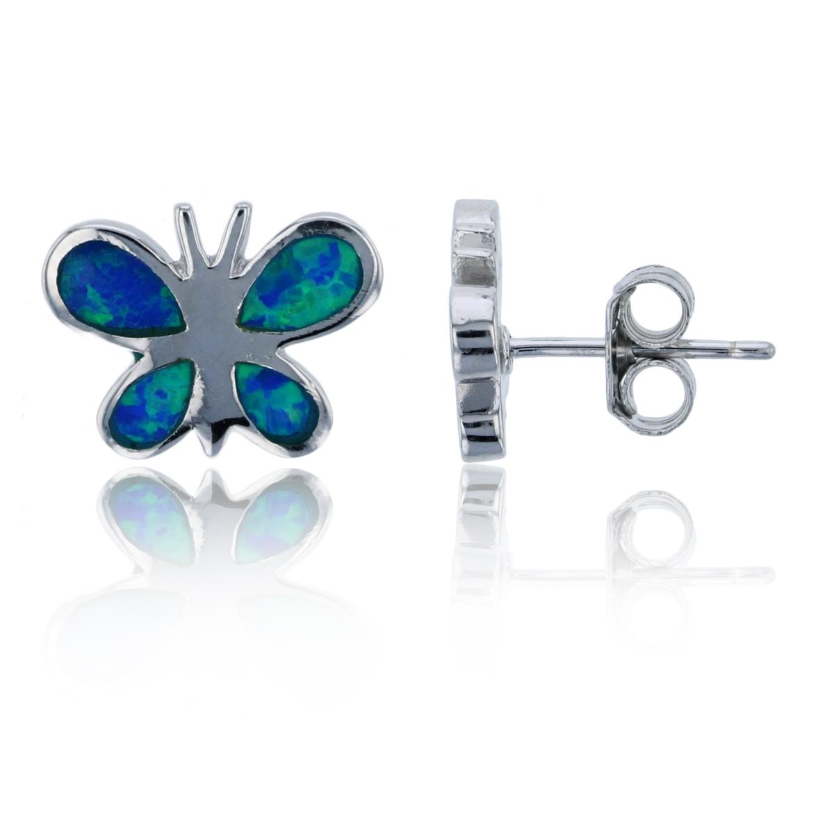 Sterling Silver Rhodium Created Blue Opal Butterfly Stud Earring