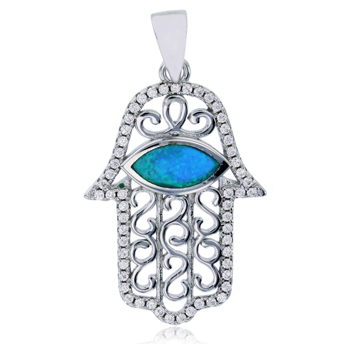 Sterling Silver Rhodium Created Blue Opal Evil Eye & White CZ Filigree Hamsa Pendant