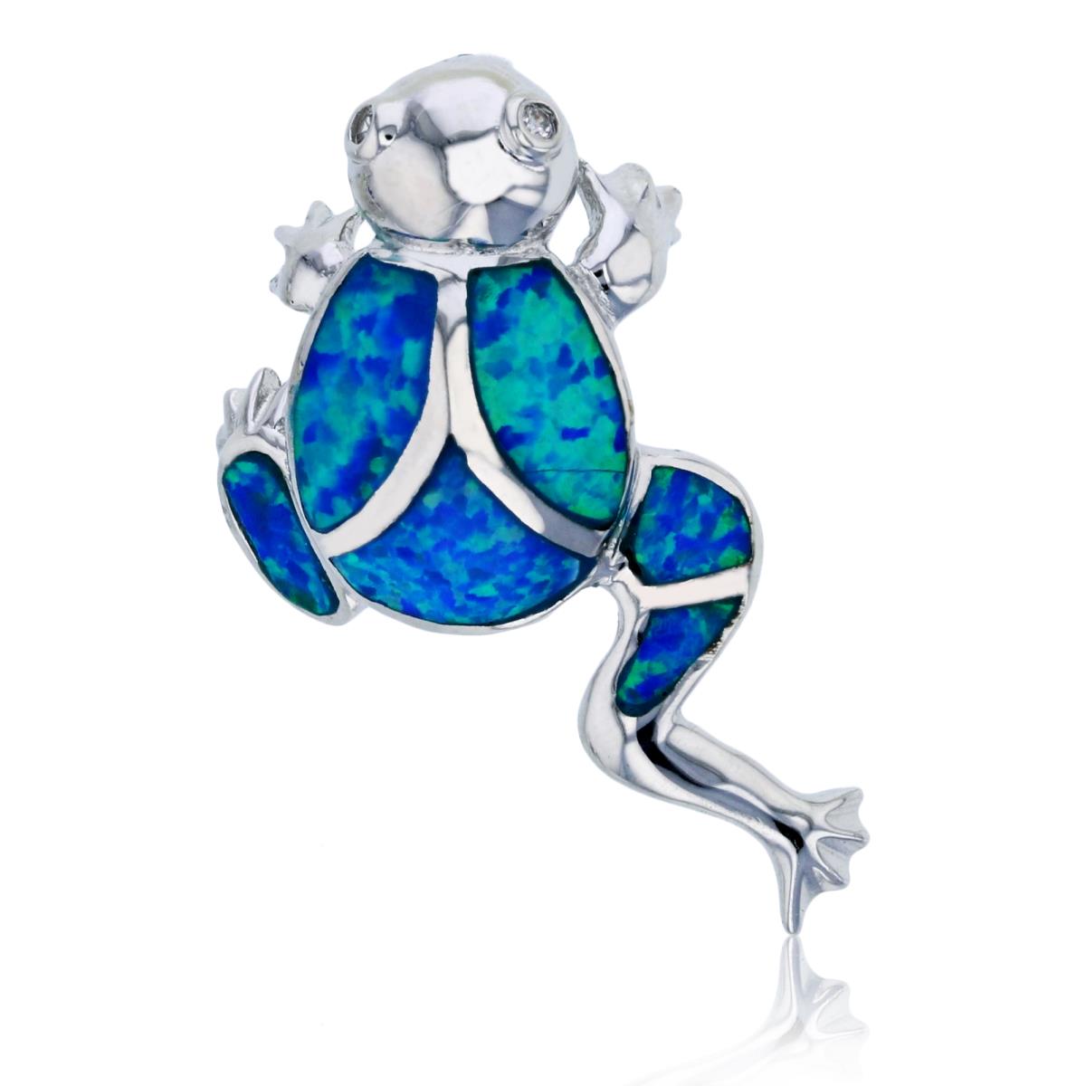 Sterling Silver Rhodium Created Blue Opal & White CZ Polished Frog Pendant