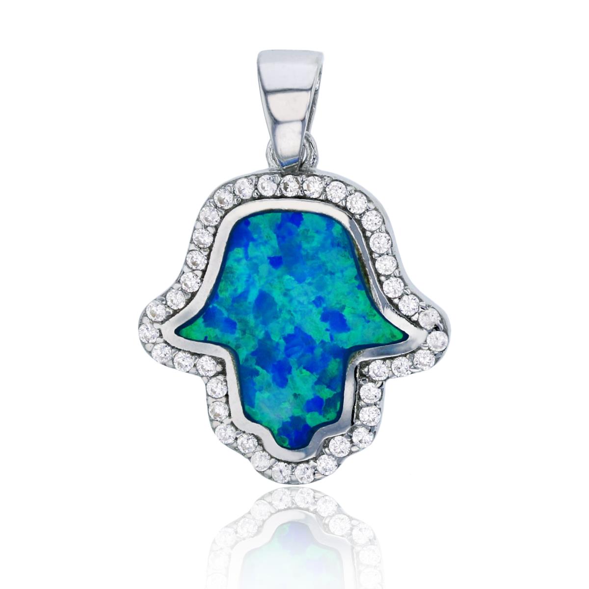 Sterling Silver Rhodium Created Blue Opal & White CZ Hamsa Pendant