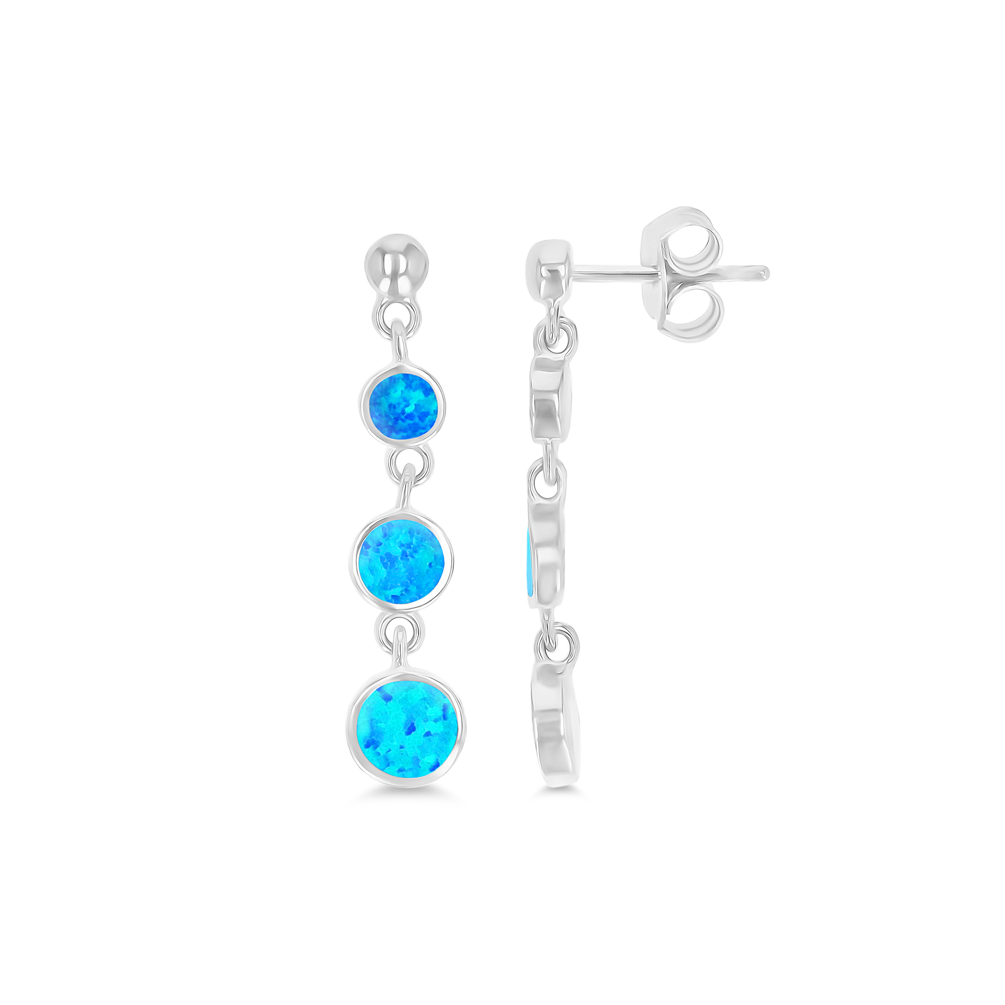 Sterling Silver Rhodium Created Blue Opal Graduated Circles Dangling Earring