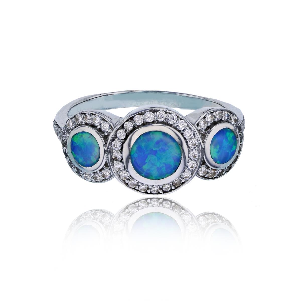 Sterling Silver Rhodium Triple Created Blue Opal Circle CZ Halo Fashion Ring