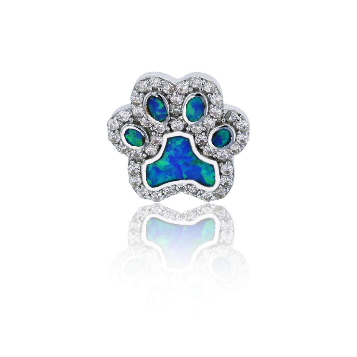 Sterling Silver Rhodium 13x13mm Created Blue Opal & White CZ Paw Pendant