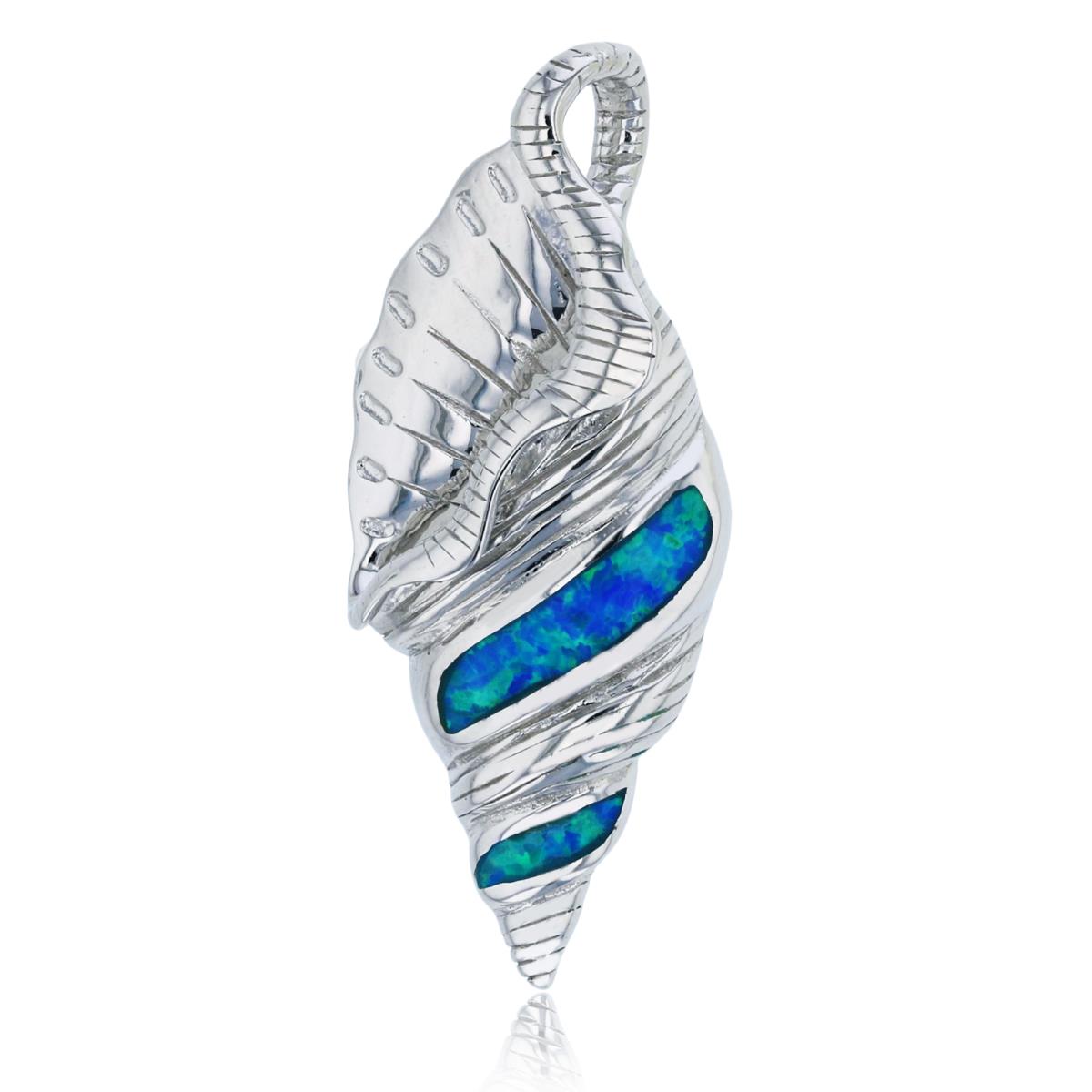 Sterling Silver Rhodium Polished Created Blue Opal Sea Shell 34x14mm Pendant