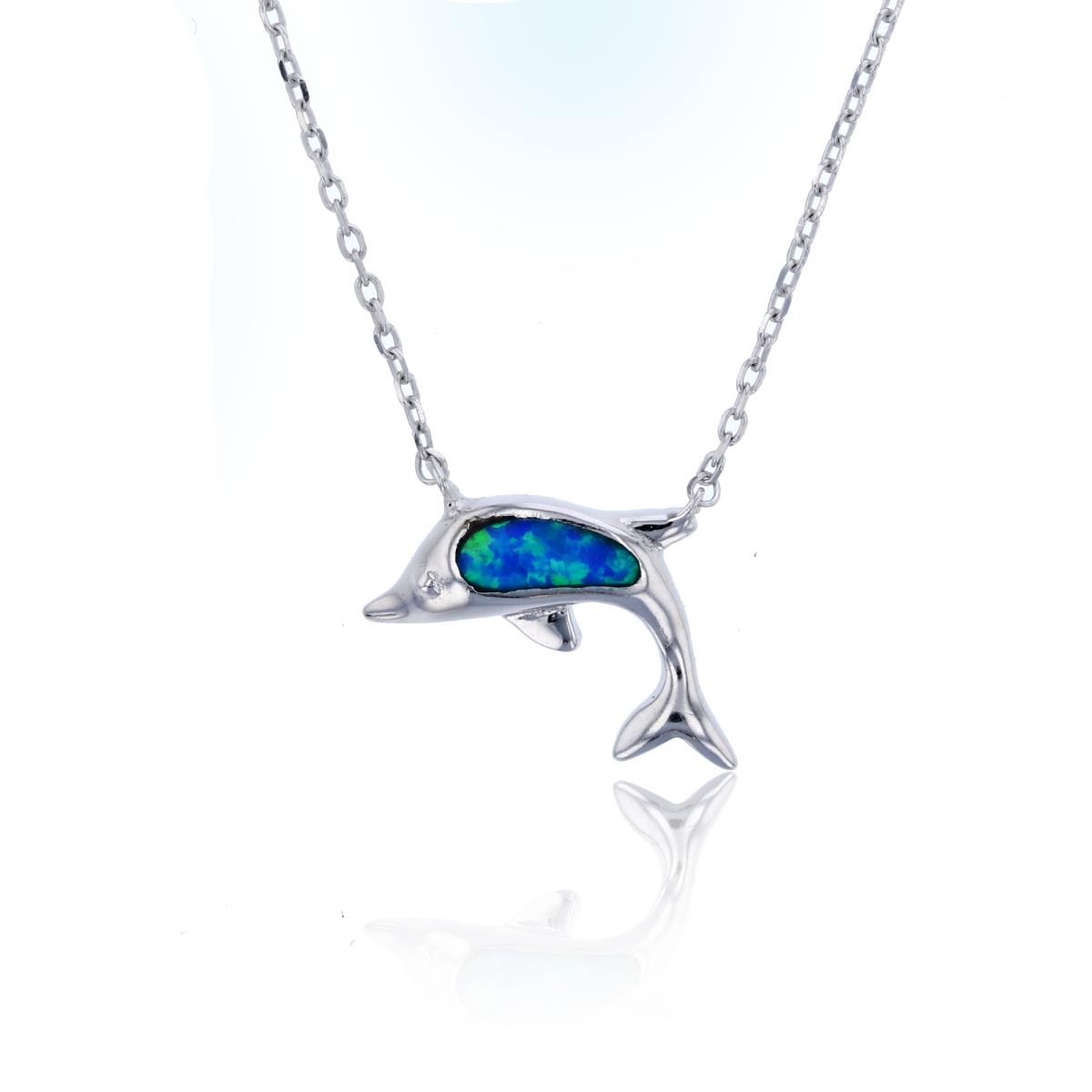 Sterling Silver Rhodium 12x15mm Created Blue Opal Dolphin 17"+1" Extender Necklace