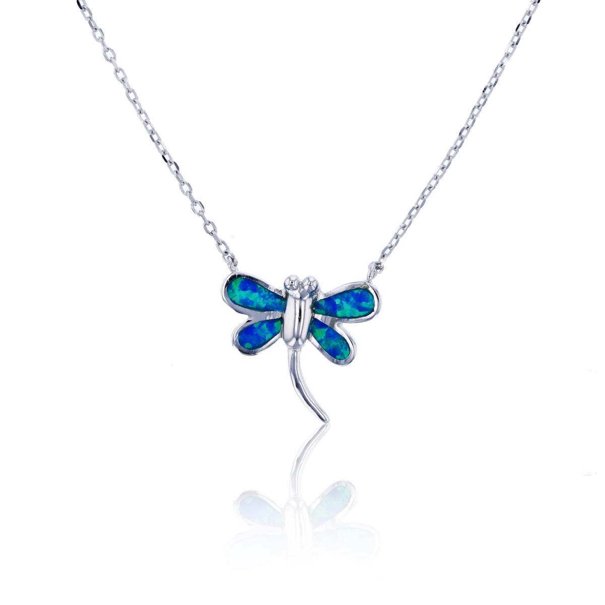 Sterling Silver Rhodium 15x15mm Polished Created Blue Opal Dragonfly 17"+1" Extender Necklace