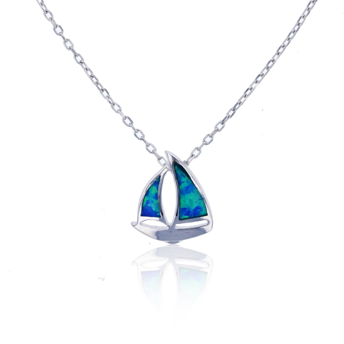 Sterling Silver Rhodium Created Blue Opal Polished Ship 15"+2" Extender Necklace