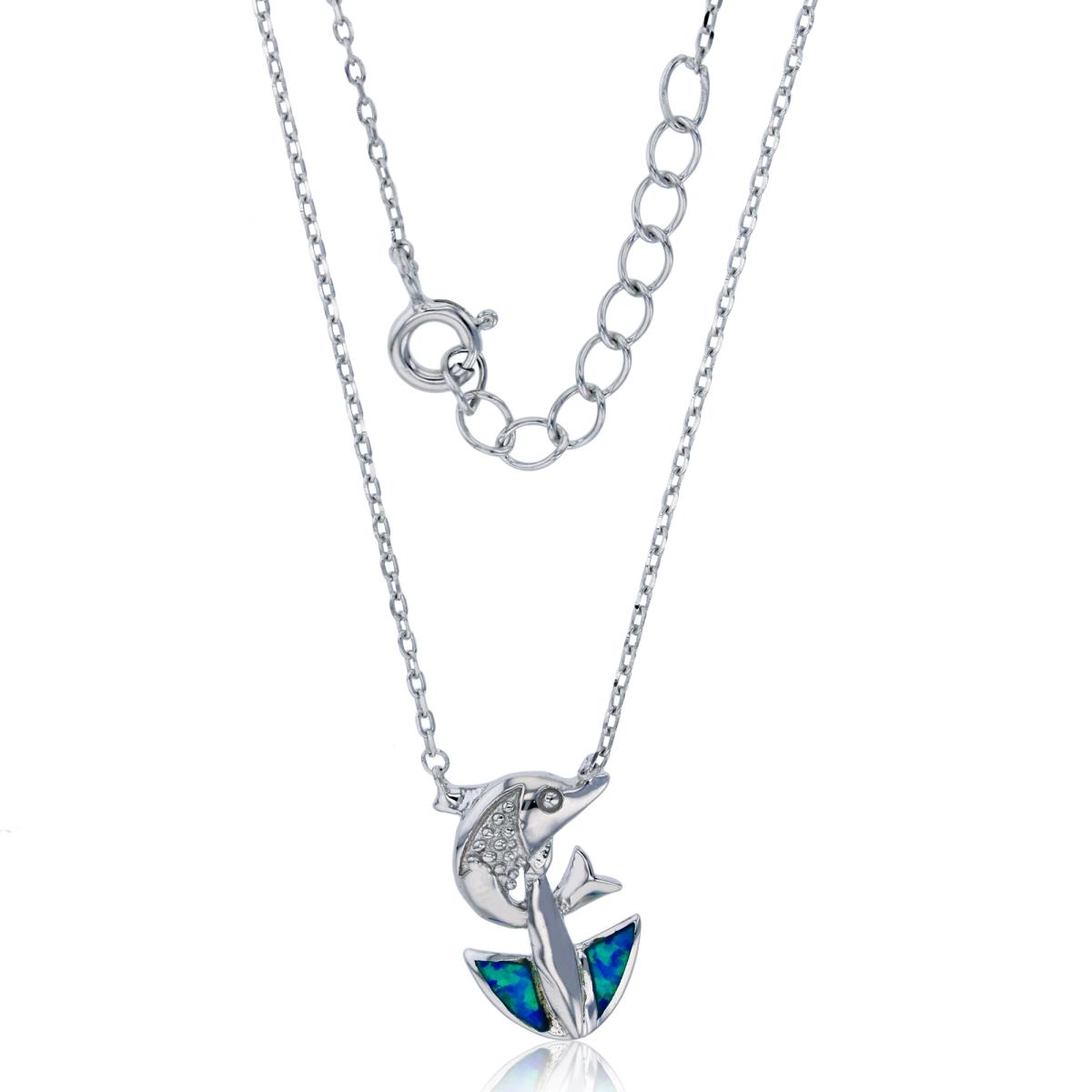 Sterling Silver Rhodium Created Blue Opal Fish 16"+1" Extender Necklace